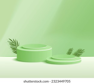 3d product podium and pedestal in green color with palm leaves. 3d rendering vector background view with podium. To display 3d cosmetic products.