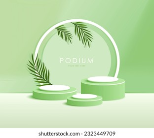 3d product podium and pedestal in green color with palm leaves. 3d rendering vector background view with podium. To display 3d cosmetic products.