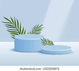 3d product podium and pedestal in modern light blue color with palm leaves. 3d rendering vector background view with podium. To show 3d cosmetic products.