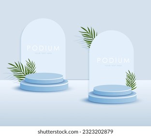 3d product podium and pedestal in modern light blue color with palm leaves. 3d rendering vector background view with podium. To show 3d cosmetic products.