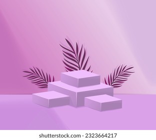 3d product podium and pedestal in pink color with palm leaves. 3d rendering vector background view with podium. To display 3d cosmetic products.