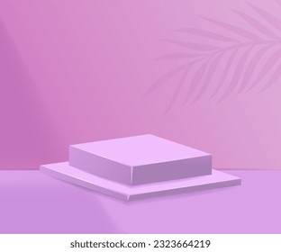 3d product podium and pedestal in pink color with palm leaves. 3d rendering vector background view with podium. To display 3d cosmetic products.