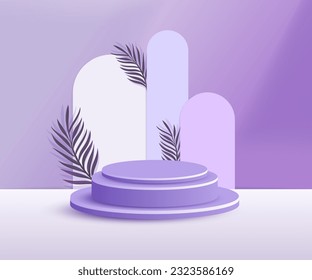 3d product podium and pedestal in purple color with palm leaves. 3d rendering vector background view with podium. To display 3d cosmetic products.