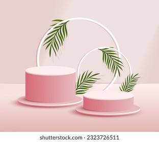 3d product podium and pedestal in red color with palm leaves. 3d rendering vector background view with podium. To display 3d cosmetic products.