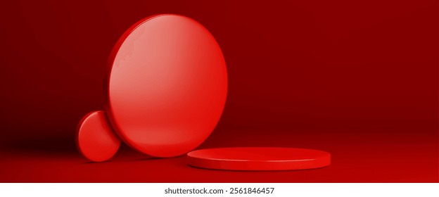 Podio de producto 3D en fondo rojo de la habitación del estudio. Premio a la etapa de lujo en el suelo. Plataforma vacía para la exhibición moderna. Renderizado de espacio mínimo con base de escaparate de ganador redondo. Bolso interior geométrico para el Anuncio