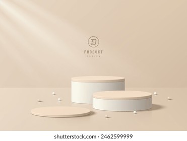 3D product podium set background in beige with beads ball decorate. Abstract composition in minimal design. 3D Studio showroom product pedestal, Fashion showcase mockup scene. Vector showcase design.