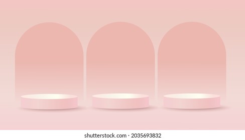 3d product showcase mockup for 3 items. Pink to peach color gradient studio podium platforms with arch background. Gentle delicate trendy presentation mockup for cosmetic beauty products.