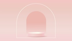 3d Product Showcase Mockup Vector Scene. Pastel Pink Color Cylinder Pedestal Podium With Arch Background. Minimal 3d Product Showcase Display Scene For Your Product Presentation, Sale, Marketing.