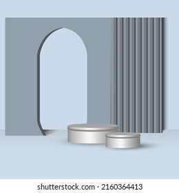 Base de producto 3D, Color azul oscuro, Marco de arco. Representación 3D, vector de fondo 3d renderizado con podio.