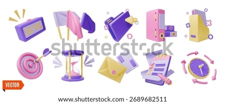 3d Productivity Concept Icon Set Cartoon Design Style Include of Digital Alarm Clock, File Holder Binder Folder with Documents, Target Goal and Hourglass . Vector illustration