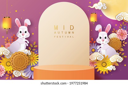 3d products podium mid autumn festival holiday or chinese new year, chinese festivals vector design with  paper art ,flower, moon, rabbit, and asian elements with craft style on background.