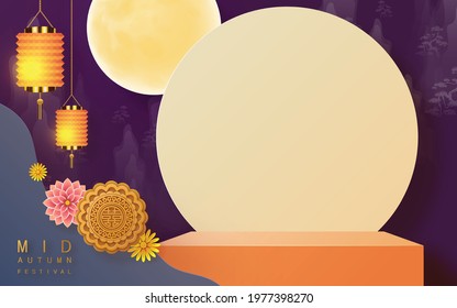 3d products podium mid autumn festival holiday or chinese new year, chinese festivals vector design with  paper art ,flower, moon, rabbit, and asian elements with craft style on background.