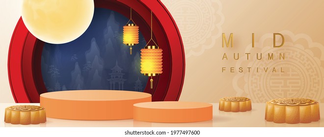 3d products podium mid autumn festival holiday or chinese new year, chinese festivals vector design with  paper art ,flower, moon, rabbit, and asian elements with craft style on background.