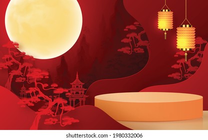 3d products podium mid autumn festival holiday or chinese new year, chinese festivals vector design with  paper art ,flower, moon, rabbit, and asian elements with craft style on background.