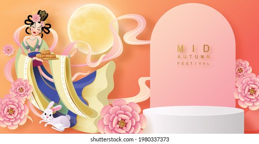 3d products podium mid autumn festival holiday or chinese new year, chinese festivals vector design with  paper art ,flower, moon, rabbit, and asian elements with craft style on background.