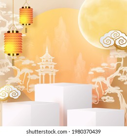 3d products podium mid autumn festival holiday or chinese new year, chinese festivals vector design with  paper art ,flower, moon, rabbit, and asian elements with craft style on background.