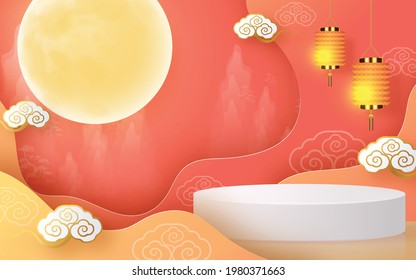 3d products podium mid autumn festival holiday or chinese new year, chinese festivals vector design with  paper art ,flower, moon, rabbit, and asian elements with craft style on background.