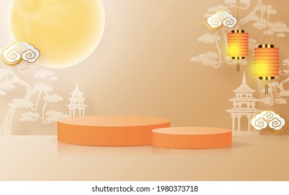 3d products podium mid autumn festival holiday or chinese new year, chinese festivals vector design with  paper art ,flower, moon, rabbit, and asian elements with craft style on background.