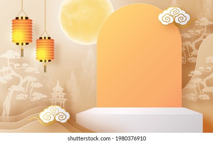 3d products podium mid autumn festival holiday or chinese new year, chinese festivals vector design with  paper art ,flower, moon, rabbit, and asian elements with craft style on background.