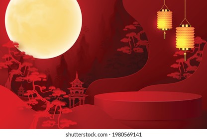 3d Products Podium Mid Autumn Festival Holiday Or Chinese New Year, Chinese Festivals Vector Design With  Paper Art ,flower, Moon, Rabbit, And Asian Elements With Craft Style On Background.