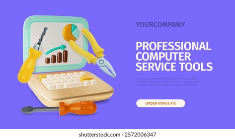 3d Professional Computer Service Tools Concept Ads Banner Promotion Poster Card. Vector illustration of Laptop with Floating Pliers and Screwdriver