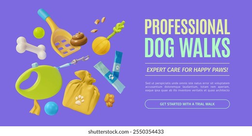 3d Professional Dog Walkers Serviço de animais de estimação conceito anúncios Banner promoção Cartaz. Ilustração vetorial de objetos flutuantes