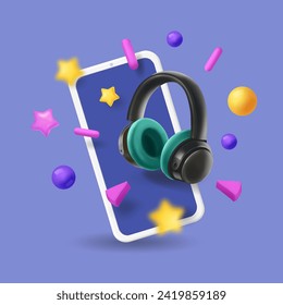 3d professional Headphones, Smartphone. Music streaming. Online music listening service app. Cartoon Style. Vector 3d illustration