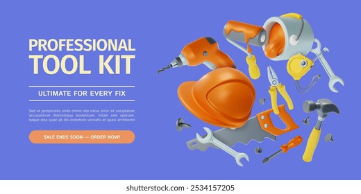 Kit de herramientas de Profesional 3D Home Fix and Repair Service Concept Ads Tarjeta de póster de promoción de Anuncio. Ilustración vectorial de la llave inglesa y el martillo