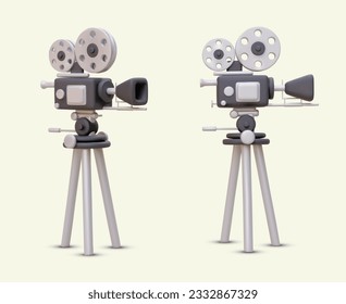 3D professional video camera in different positions. Equipment for high quality video recording. Retro film recorder, news camera on tripod. Vector illustration with shadows