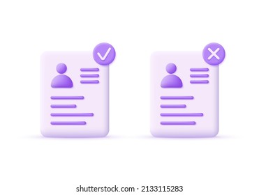 3D profile icon, personal document, id card and check and cross marks isolated on white background. Yes or no. Approved, Accept document. Can be used for many purposes. Trendy and modern vector in 3d 