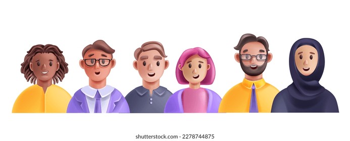 3D profile people avatar icon set, vector men woman happy face young male female cartoon character. Office diverse colleague team smiling freelance workers portrait. 3D people cheerful expression head