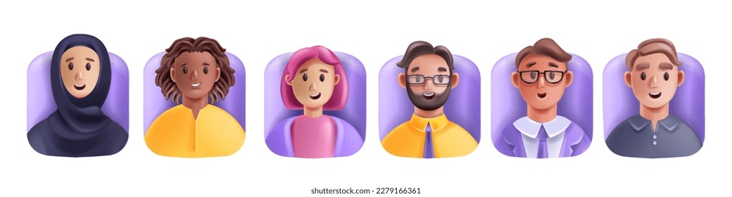3D profile people avatar icon, vector men woman happy face set young male female cartoon character. Office diverse colleague team smiling freelance workers portrait. 3D people cheerful expression head