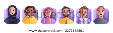 3D profile people avatar icon, vector men woman happy face set young male female cartoon character. Office diverse colleague team smiling freelance workers portrait. 3D people cheerful expression head