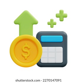 3d profit icon vector. Isolated on white background. 3d accounting, business and finance concept. Cartoon minimal style. 3d money coins, arrow up and calculator icon vector render illustration.