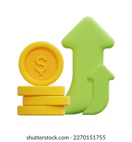 3D-Gewinn-Symbol-Vektorgrafik. Einzeln auf weißem Hintergrund. 3d Investitions-, Geschäfts- und Finanzkonzept. Cartoon minimaler Stil. 3D-Geldmünzen und Pfeile Symbol Vektorgrafik.