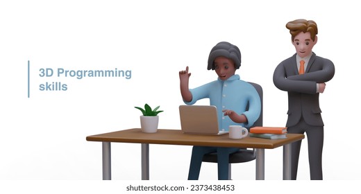 3d programming skills concept. Professional American man sitting at tale and programming. Director standing near and controlling work process. Vector illustration in cartoon style