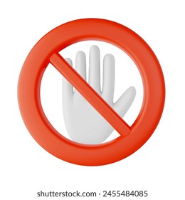 A 3D prohibition sign icon featuring a raised hand in white within a red circle and diagonal line, serving as a vector illustration for access denial or stop signals.