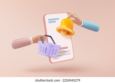 3d promo notification bell icon with hand in mobile phone for online shopping. Basket 3d with promotion offer, tag discount coupon. 3d promo shopping notice alarm icon vector render illustration