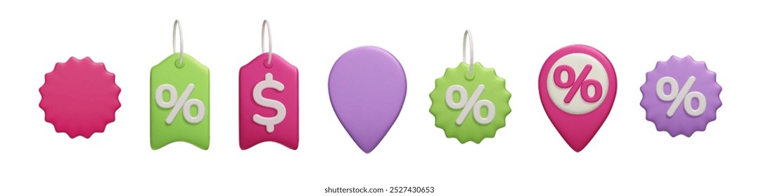 3D promo special offer label, price tag, discount sale sticker with percent sign 3D icon set. Colorful dollar price tag voucher, online shopping decor elements 3d vector render illustration set.