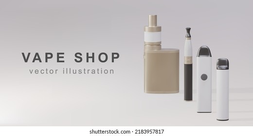 3D Promotional banner for vape shop - realistic vaping devices. Vector illustration.