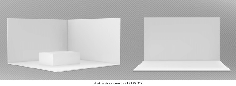 3d promotional event stand booth white wall mockup. Exhibition room with floor design perspective front and side view isolated set. Blank corner display showroom with podium for kiosk or fair area. - Shutterstock ID 2318139507