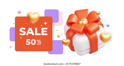 3D promotional poster for a surprise sale. A festive banner template featuring a white gift box adorned with a red ribbon and surrounded by floating hearts