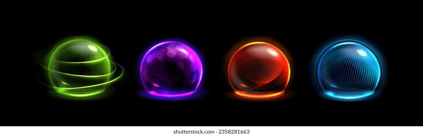 3d protect force bubble and shield sphere effect. Dome barrier technology abstract vector element. Secure ball defence shape with hexagon grid. Ai network immune round shape light graphic design