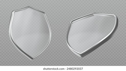 3d proteger el escudo de cristal para el icono del Vector de seguridad. Diseño de protección médica con efecto transparente. Abstractas marco de insignia en blanco realista para el símbolo de seguro con reflejo de luz e ilustración brillante.