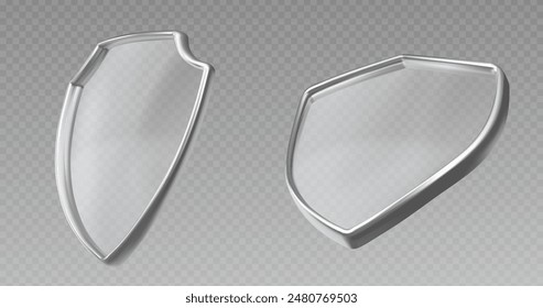 3d proteger el escudo de cristal para el icono del Vector de seguridad. Diseño de protección médica con efecto transparente. Abstractas marco de insignia en blanco realista para el símbolo de seguro con reflejo de luz e ilustración brillante.