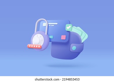 3D protection icon with credit card for online payment on blue background concept. wallet financial security with credit card payment protection for e commerce. 3d vector icon render illustration