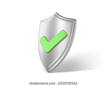 3D protection metal shield with green checkmark. Protection concept. Checkmark on shield symbol. Web security and guarding system. Vector 3d Illustration