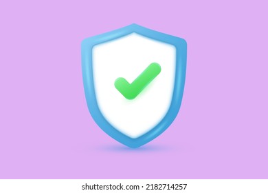 3d protection shield icon and checkmark on shield symbol, safety concept. 3d vector illustration.