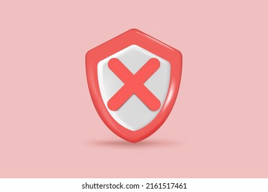 3d protection shield icon, cross on shield symbol, safety concept. Minimal 3d style. 3d render vector illustration