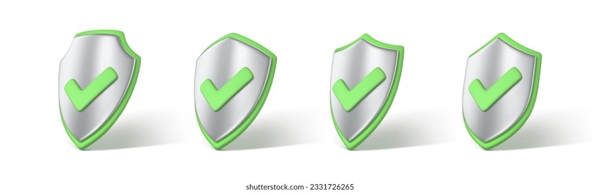 Symbol-Set für 3D-Schutzschilder. Grünes Markierungszeichen auf dem Schildsymbol. Konzept des sicheren Schutzes. Web-Sicherheit und Bewachungssystem. Vektorgrafik 3D